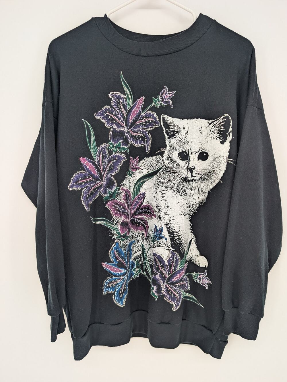 Vintage 90s Cat Floral M Sweatshirt Glitter Kitten Lily Grandmacore Cottagecore